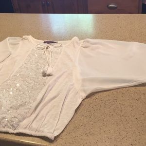 Blouse w/sequins 3/4 sleeve banded waist tie neck